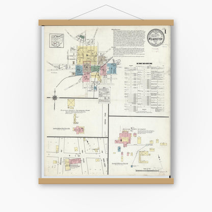Old map wall art mockup — magnetic wood frame on white wall — Sanborn Fire Insurance Map from Wilmington, Clinton County, Ohio (1914), Sheet #0001