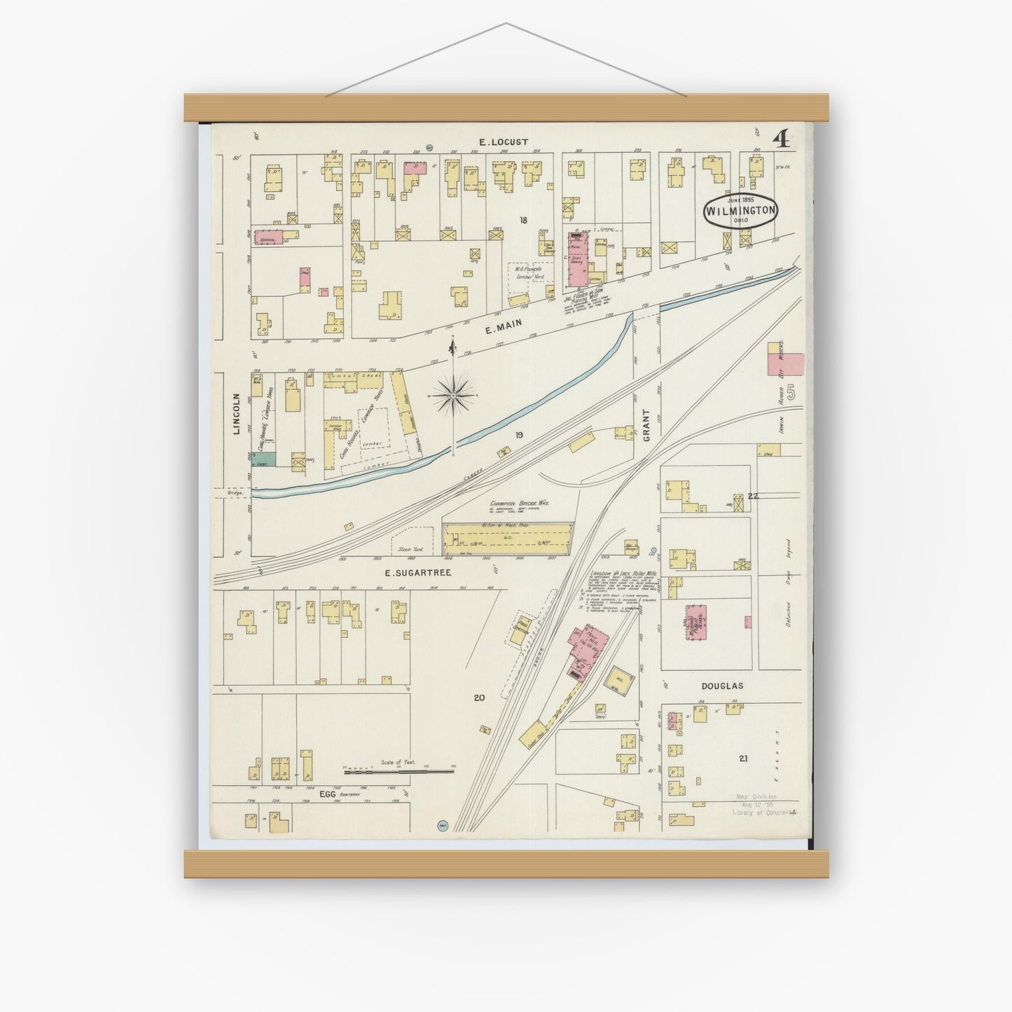 Old map wall art mockup — magnetic wood frame on white wall — Sanborn Fire Insurance Map from Wilmington, Clinton County, Ohio (1895), Sheet #0004