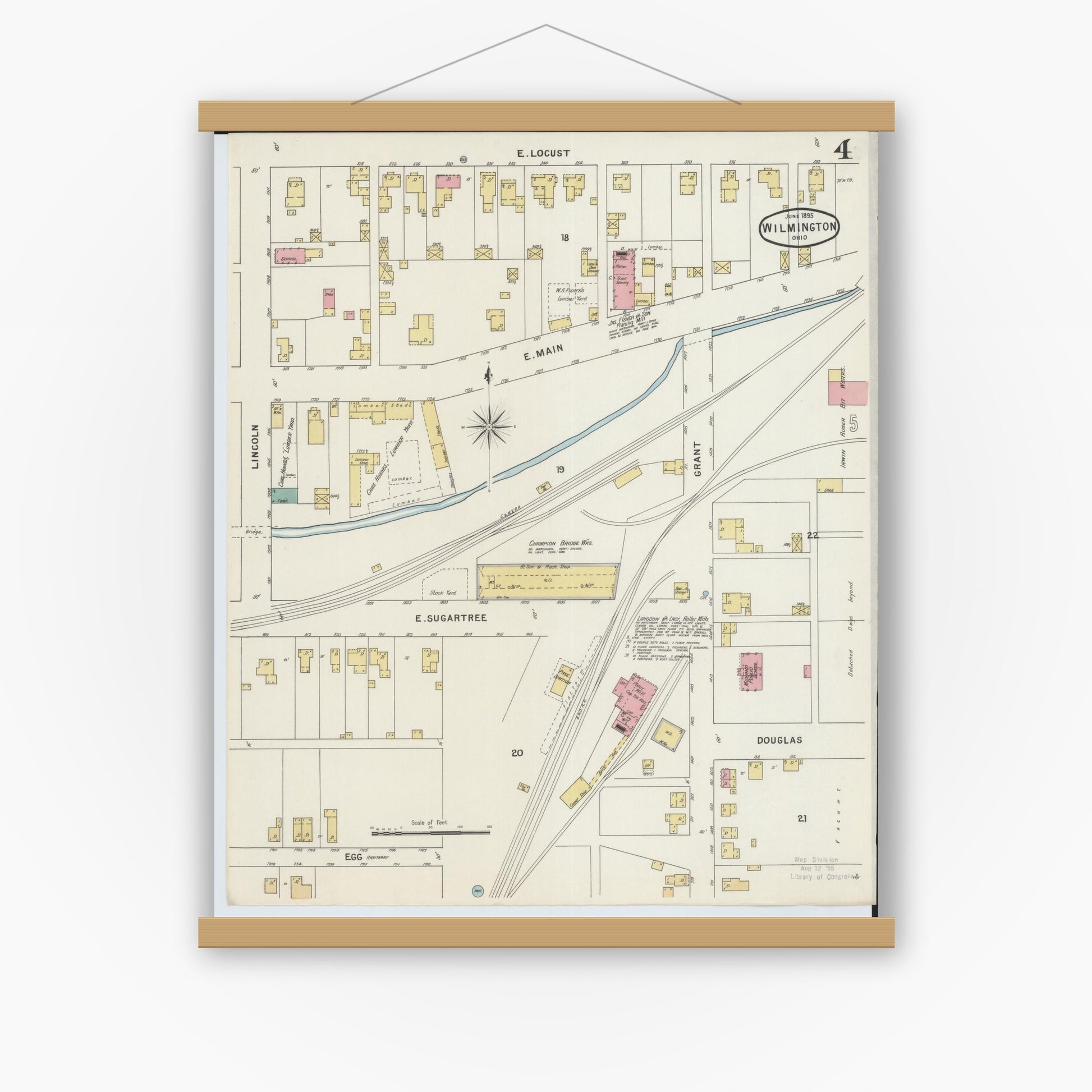 Old map wall art mockup — magnetic wood frame on white wall — Sanborn Fire Insurance Map from Wilmington, Clinton County, Ohio (1895), Sheet #0004