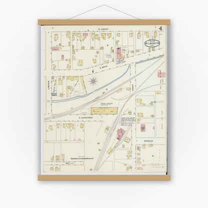 Old map wall art mockup — magnetic wood frame on white wall — Sanborn Fire Insurance Map from Wilmington, Clinton County, Ohio (1895), Sheet #0004