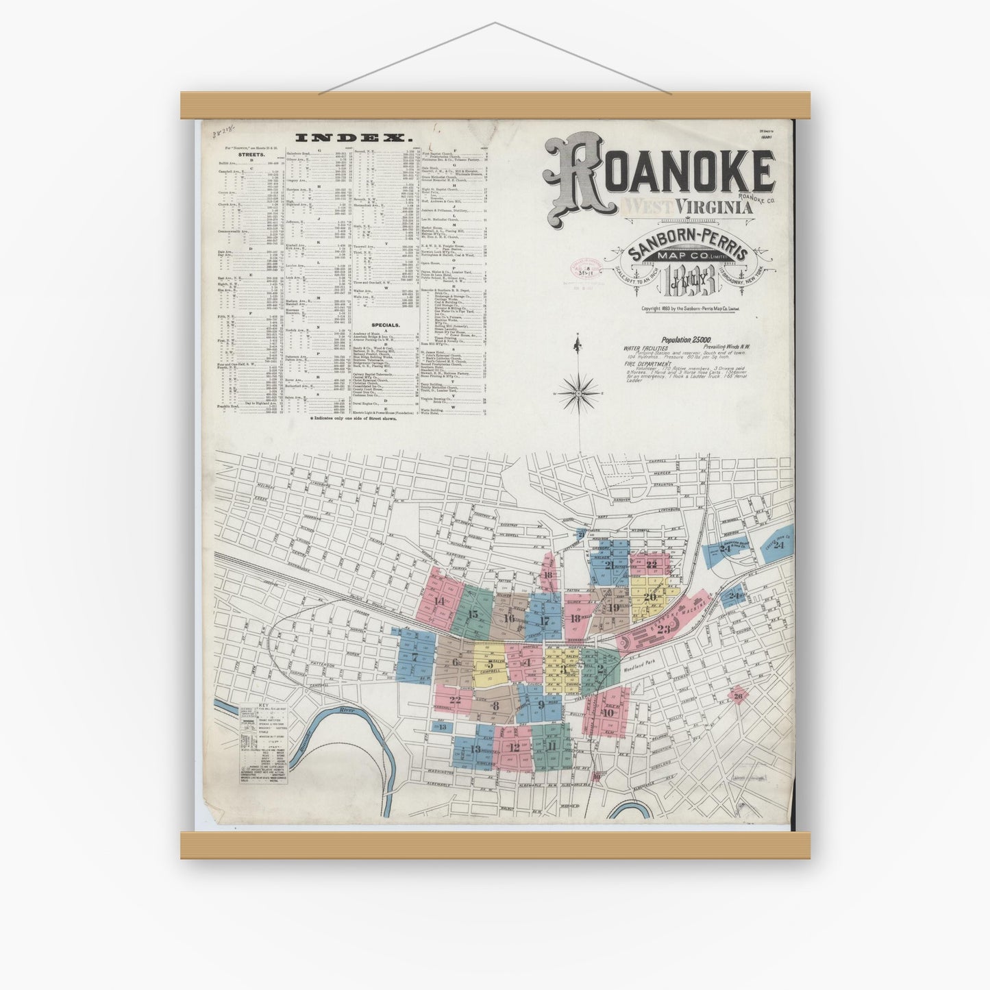 Old map wall art mockup — magnetic wood frame on white wall — Sanborn Fire Insurance Map from Roanoke, Independent Cities, Virginia (1893), Sheet #0001