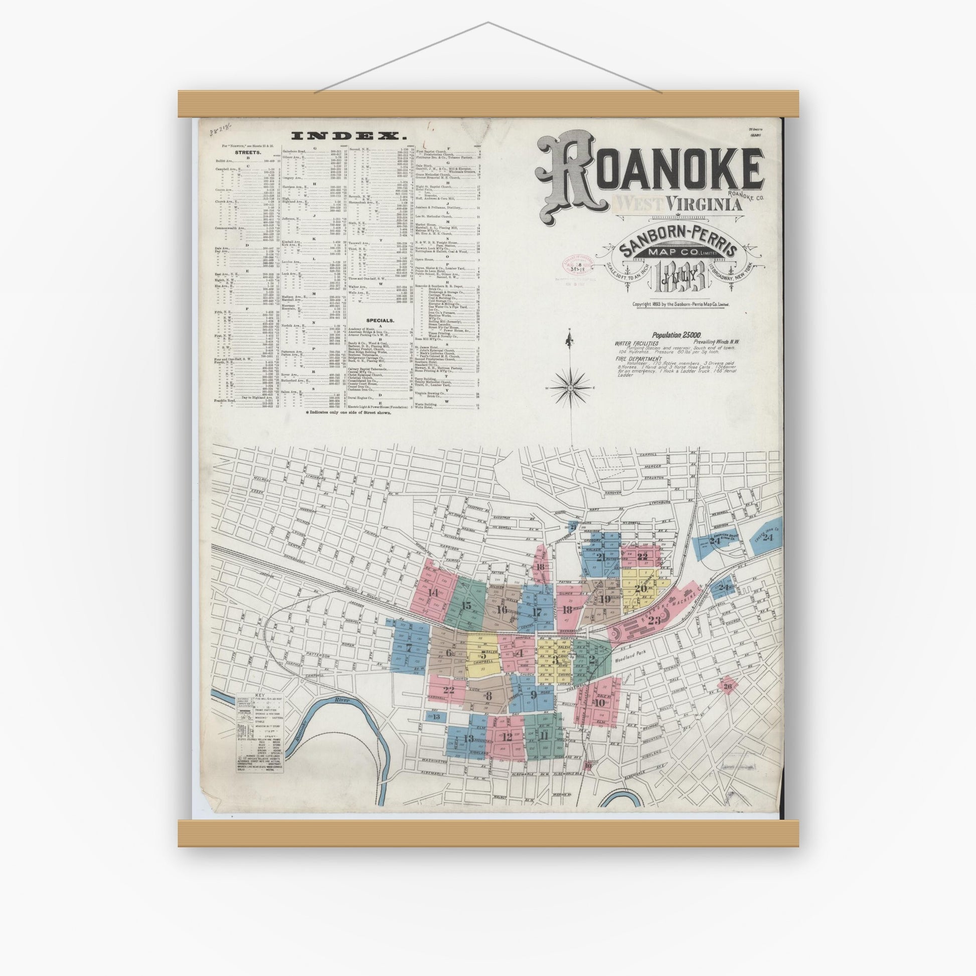 Old map wall art mockup — magnetic wood frame on white wall — Sanborn Fire Insurance Map from Roanoke, Independent Cities, Virginia (1893), Sheet #0001