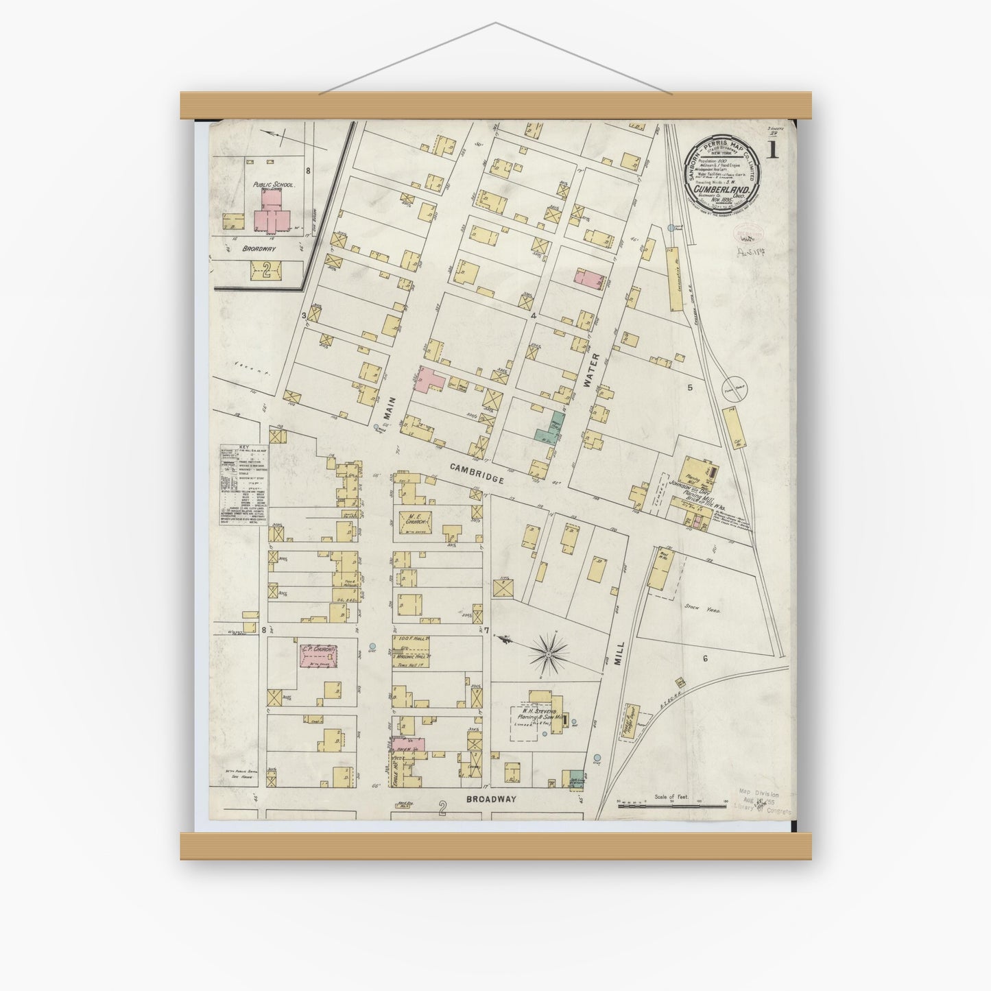 Old map wall art mockup — magnetic wood frame on white wall — Sanborn Fire Insurance Map from Cumberland, Guernsey County, Ohio (1895), Sheet #0001