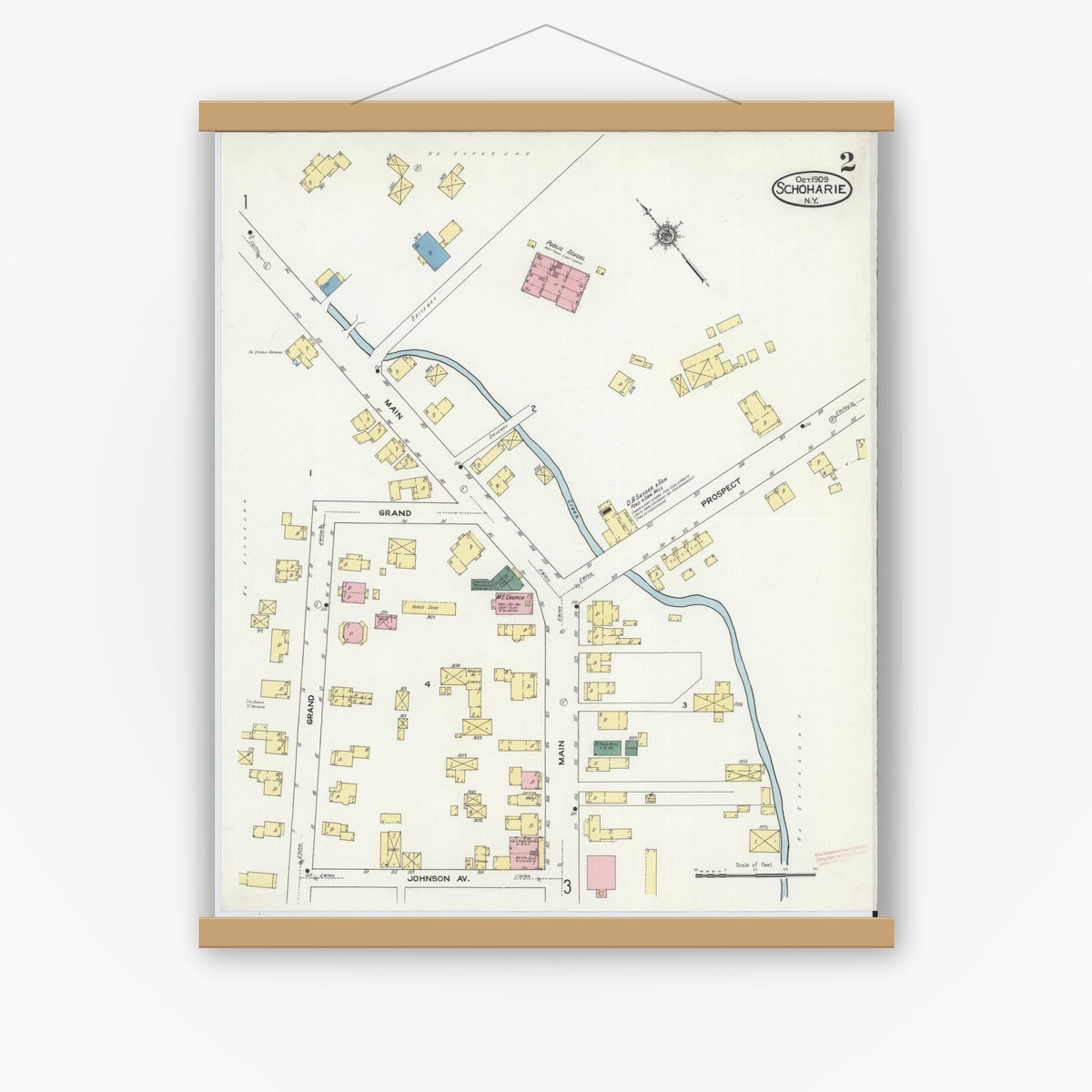 Old map wall art mockup — magnetic wood frame on white wall — Sanborn Fire Insurance Map from Schoharie, Schoharie County, New York (1909), Sheet #0002
