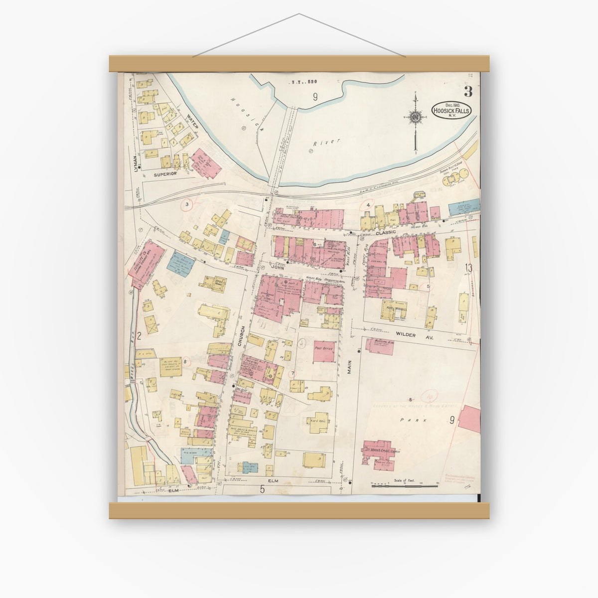 Old map wall art mockup — magnetic wood frame on white wall — Sanborn Fire Insurance Map from Hoosick Falls, Rensselaer County, New York (1945), Sheet #0003