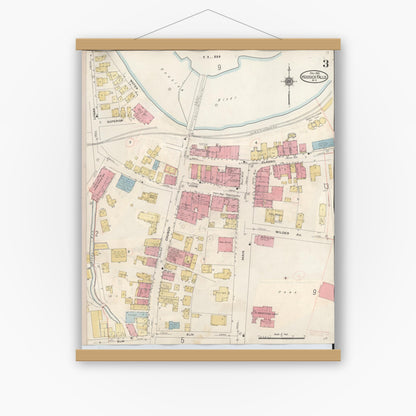 Old map wall art mockup — magnetic wood frame on white wall — Sanborn Fire Insurance Map from Hoosick Falls, Rensselaer County, New York (1945), Sheet #0003