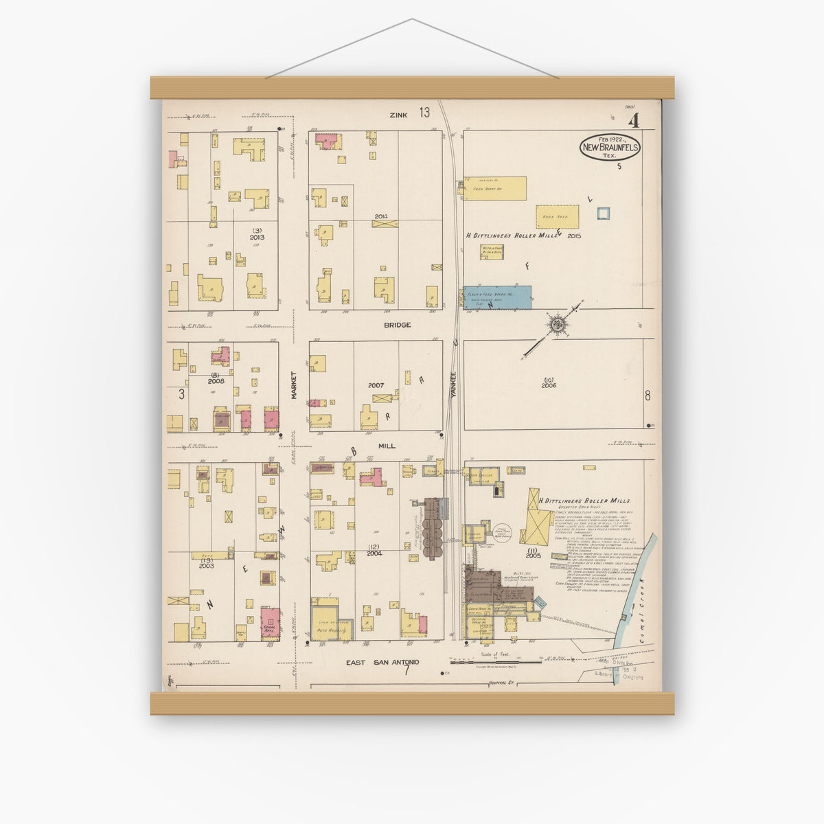 Old map wall art mockup — magnetic wood frame on white wall — Sanborn Fire Insurance Map from New Braunfels, Comal County, Texas (1922), Sheet #0004