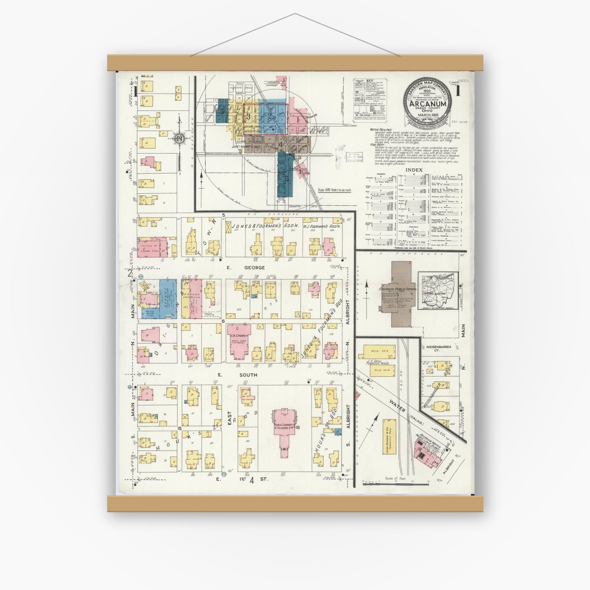 Old map wall art mockup — magnetic wood frame on white wall — Sanborn Fire Insurance Map from Arcanum, Darke County, Ohio (1926) - Complete Map Set