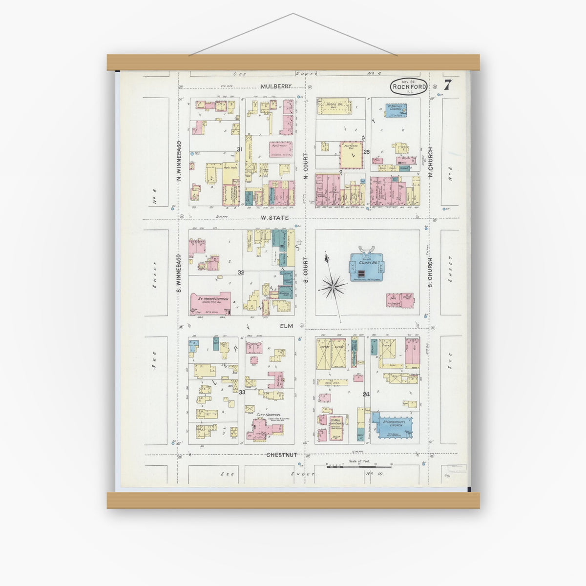 Old map wall art mockup — magnetic wood frame on white wall — Sanborn Fire Insurance Map from Rockford, Winnebago County, Illinois (1891), Sheet #0007