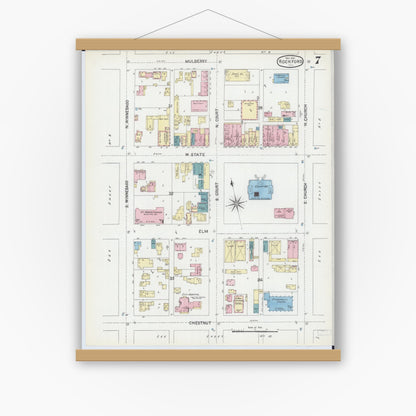 Old map wall art mockup — magnetic wood frame on white wall — Sanborn Fire Insurance Map from Rockford, Winnebago County, Illinois (1891), Sheet #0007