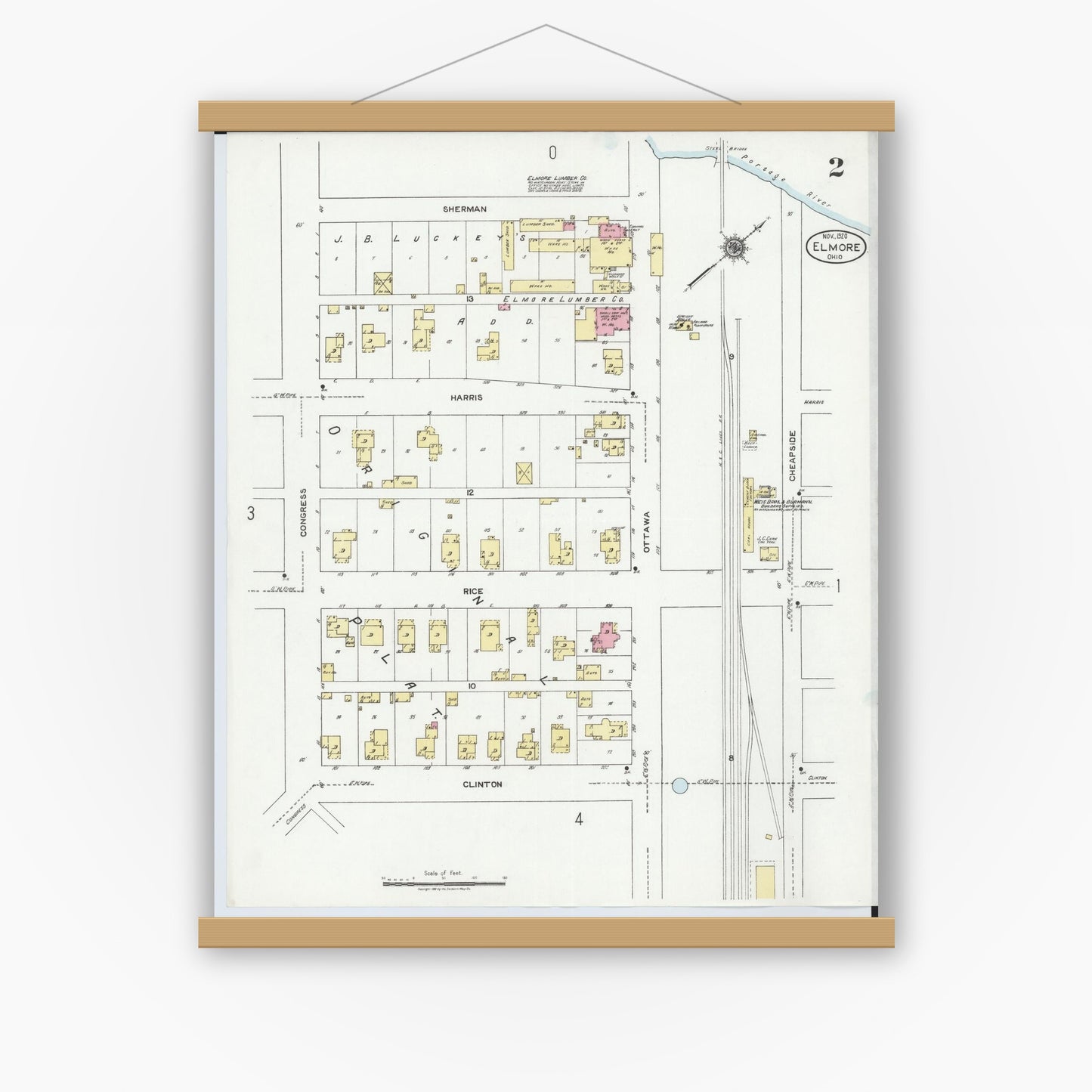 Old map wall art mockup — magnetic wood frame on white wall — Sanborn Fire Insurance Map from Elmore, Ottawa County, Ohio (1920), Sheet #0002
