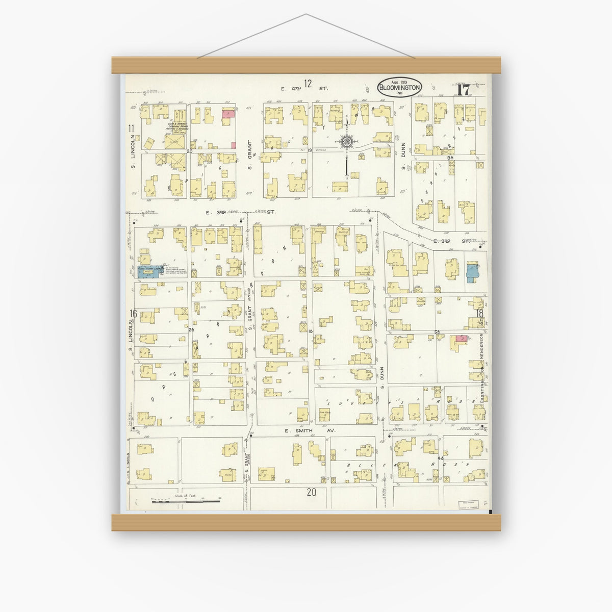 Old map wall art mockup — magnetic wood frame on white wall — Sanborn Fire Insurance Map from Bloomington, Monroe County, Indiana (1913), Sheet #0017