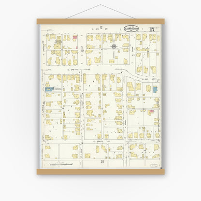 Old map wall art mockup — magnetic wood frame on white wall — Sanborn Fire Insurance Map from Bloomington, Monroe County, Indiana (1913), Sheet #0017