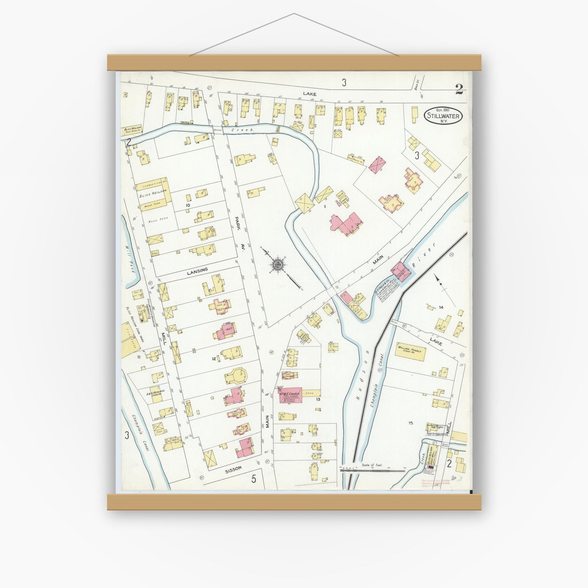 Old map wall art mockup — magnetic wood frame on white wall — Sanborn Fire Insurance Map from Stillwater, Saratoga County, New York (1910), Sheet #0002