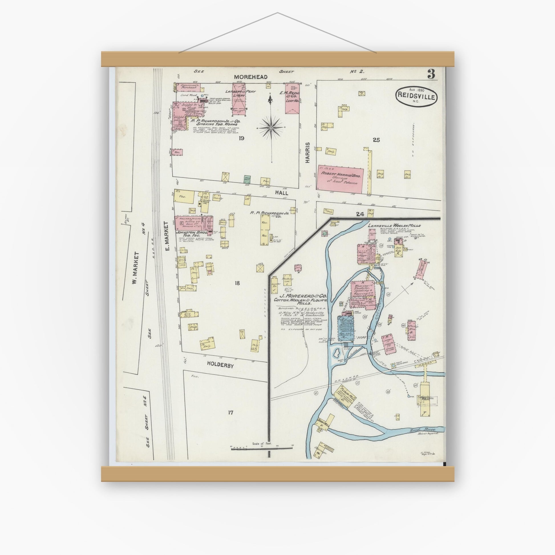 Old map wall art mockup — magnetic wood frame on white wall — Sanborn Fire Insurance Map from Reidsville, Rockingham County, North Carolina (1890), Sheet #0003