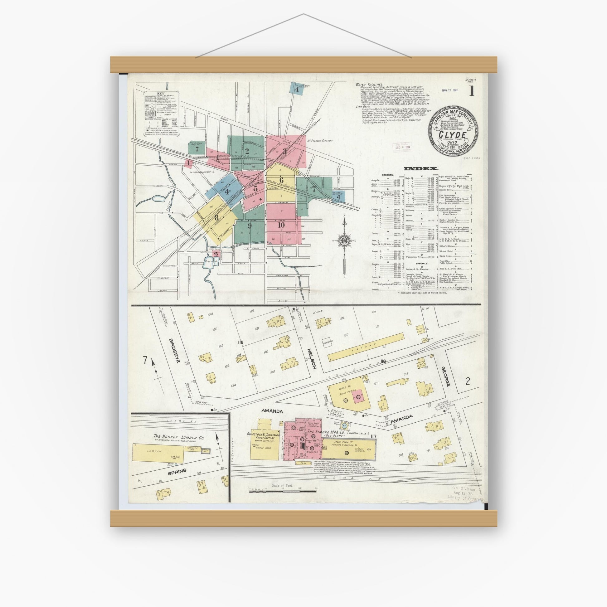 Old map wall art mockup — magnetic wood frame on white wall — Sanborn Fire Insurance Map from Clyde, Sandusky County, Ohio (1911), Sheet #0001