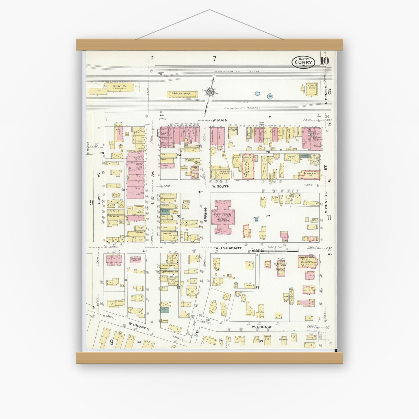 Old map wall art mockup — magnetic wood frame on white wall — Sanborn Fire Insurance Map from Corry, Erie County, Pennsylvania (1909), Sheet #0010
