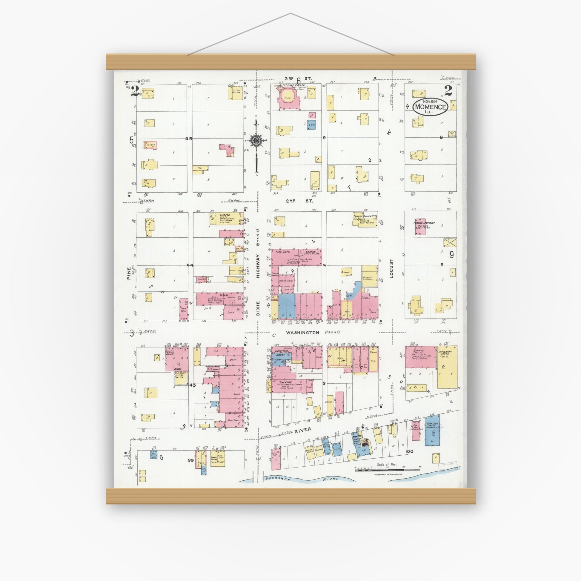 Old map wall art mockup — magnetic wood frame on white wall — Sanborn Fire Insurance Map from Momence, Kankakee County, Illinois (1924), Sheet #0002