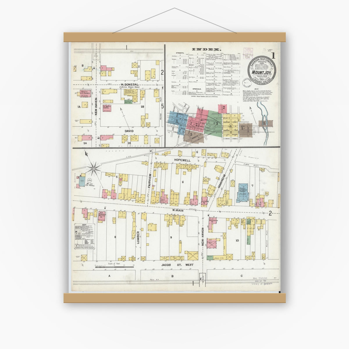 Old map wall art mockup — magnetic wood frame on white wall — Sanborn Fire Insurance Map from Mount Joy, Lancaster County, Pennsylvania (1902), Sheet #0001