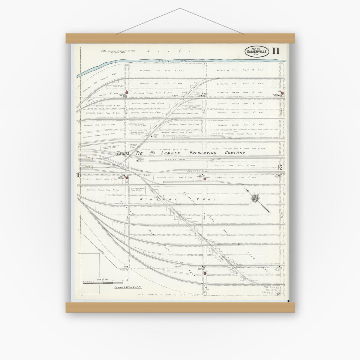 Old map wall art mockup — magnetic wood frame on white wall — Sanborn Fire Insurance Map from Somerville, Burleson County, Texas (1910), Sheet #0011