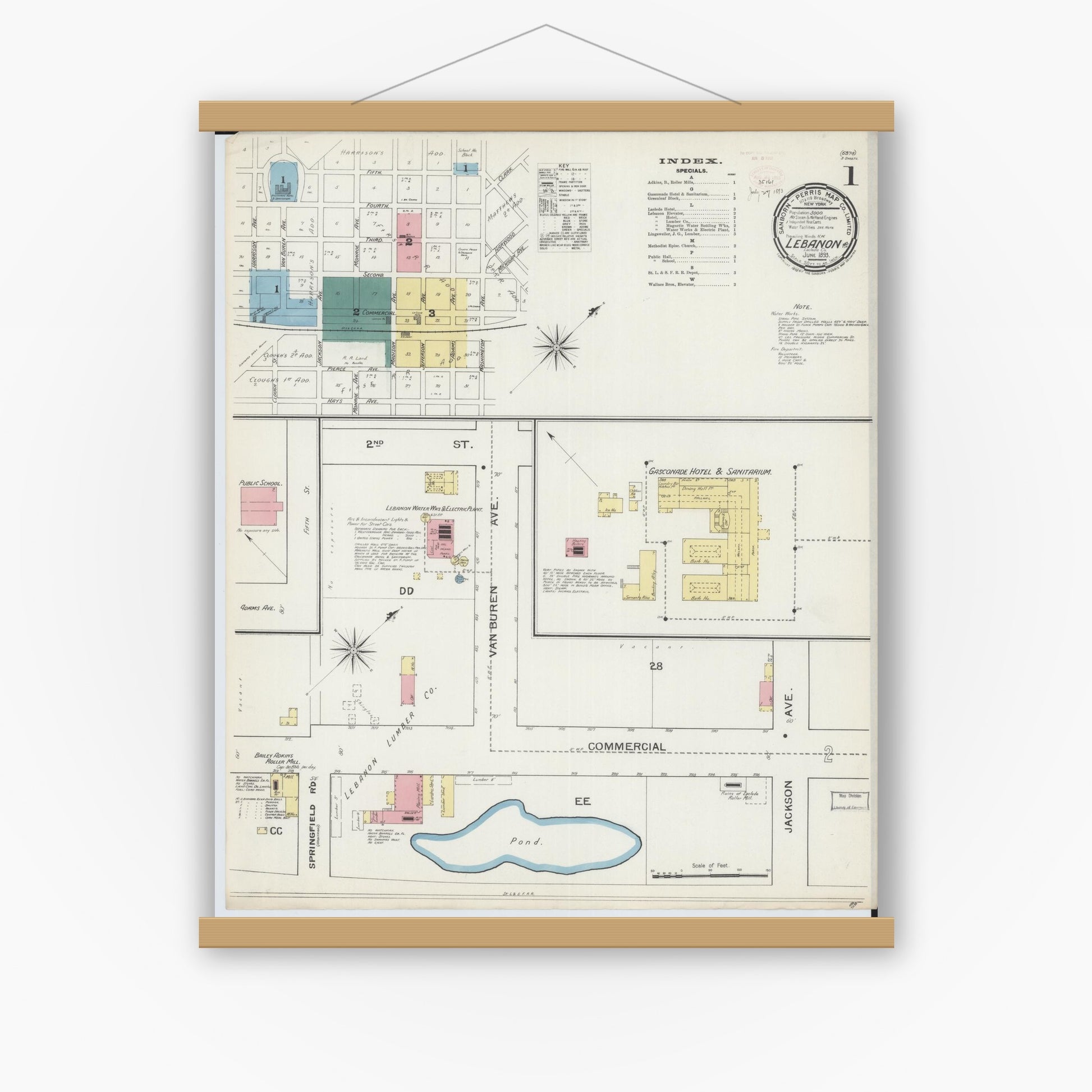 Old map wall art mockup — magnetic wood frame on white wall — Sanborn Fire Insurance Map from Lebanon, Laclede County, Missouri (1893), Sheet #0001