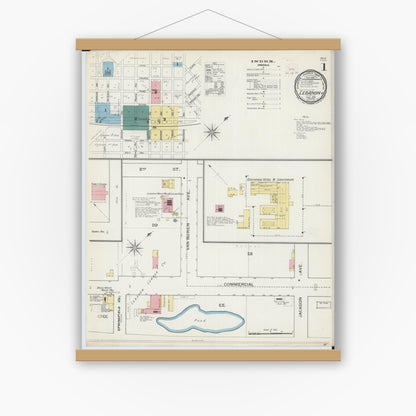 Old map wall art mockup — magnetic wood frame on white wall — Sanborn Fire Insurance Map from Lebanon, Laclede County, Missouri (1893), Sheet #0001