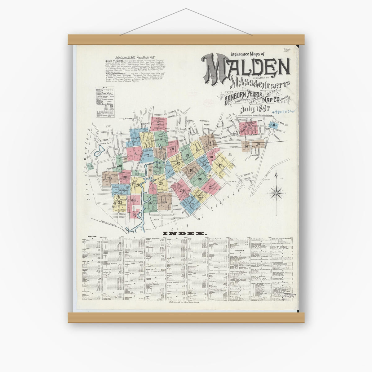 Old map wall art mockup — magnetic wood frame on white wall — Sanborn Fire Insurance Map from Malden, Middlesex County, Massachusetts (1897), Sheet #0001