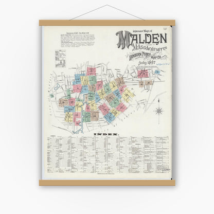 Old map wall art mockup — magnetic wood frame on white wall — Sanborn Fire Insurance Map from Malden, Middlesex County, Massachusetts (1897), Sheet #0001