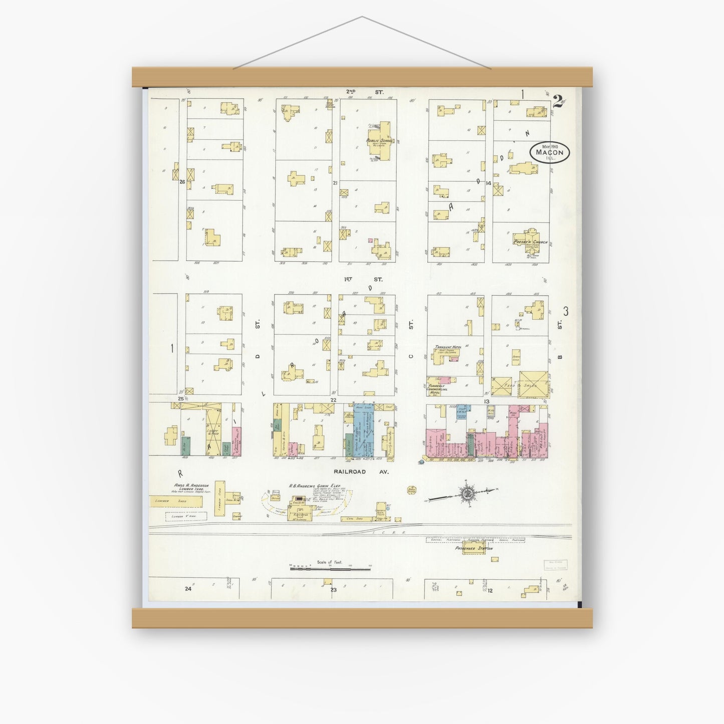 Old map wall art mockup — magnetic wood frame on white wall — Sanborn Fire Insurance Map from Macon, Macon County, Illinois (1910), Sheet #0002