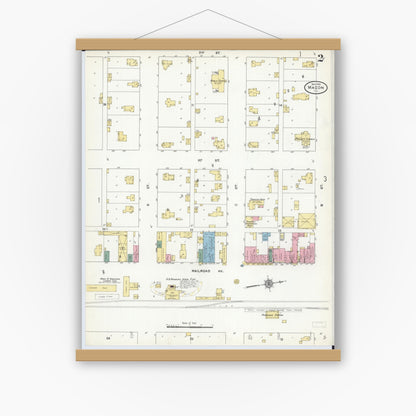 Old map wall art mockup — magnetic wood frame on white wall — Sanborn Fire Insurance Map from Macon, Macon County, Illinois (1910), Sheet #0002