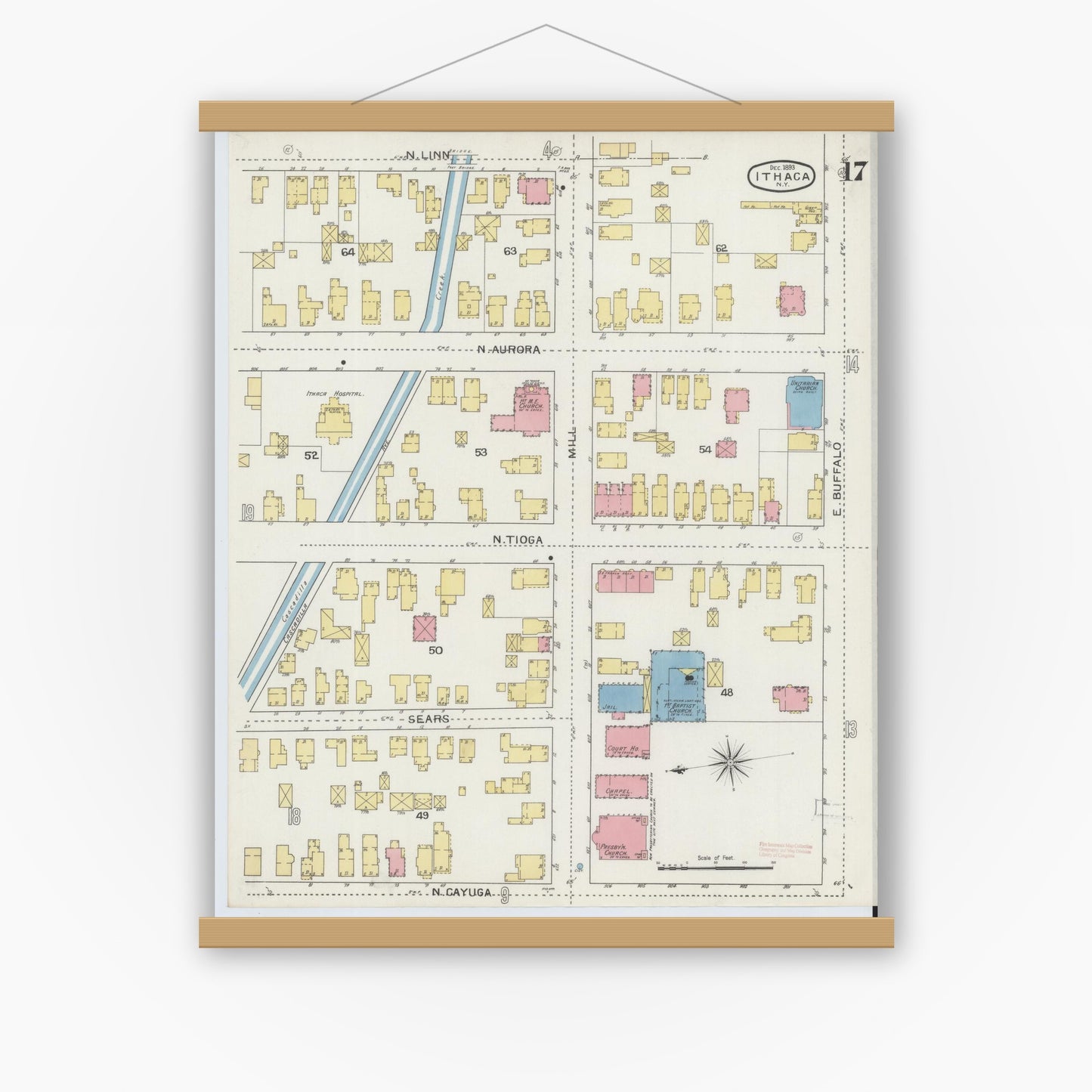 Old map wall art mockup — magnetic wood frame on white wall — Sanborn Fire Insurance Map from Ithaca, Tompkins County, New York (1893), Sheet #0017
