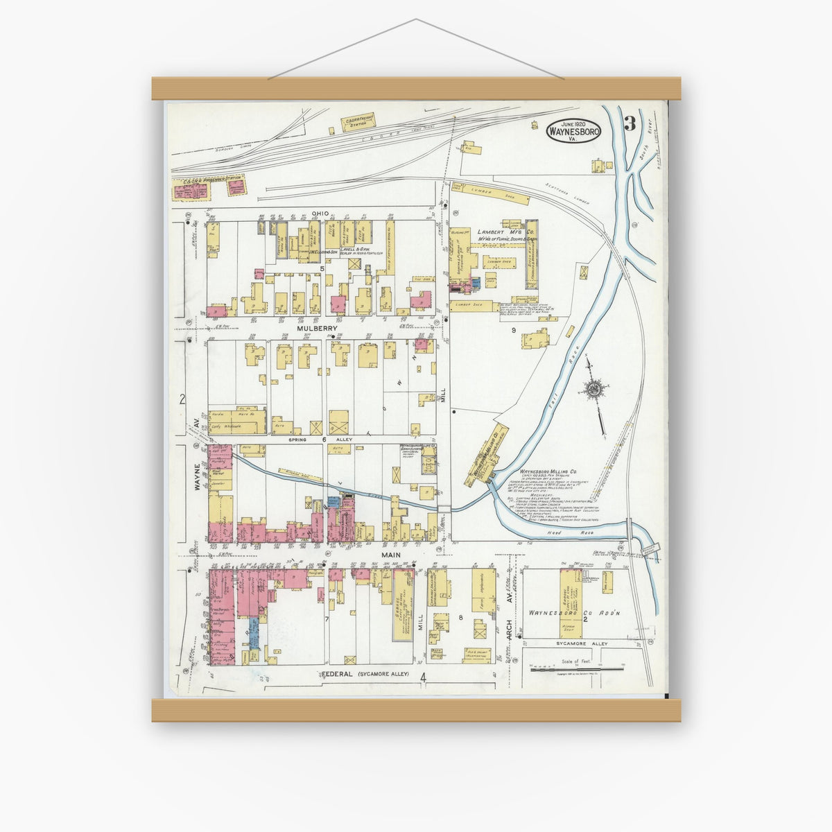 Old map wall art mockup — magnetic wood frame on white wall — Sanborn Fire Insurance Map from Waynesboro, Independent Cities, Virginia (1920), Sheet #0003