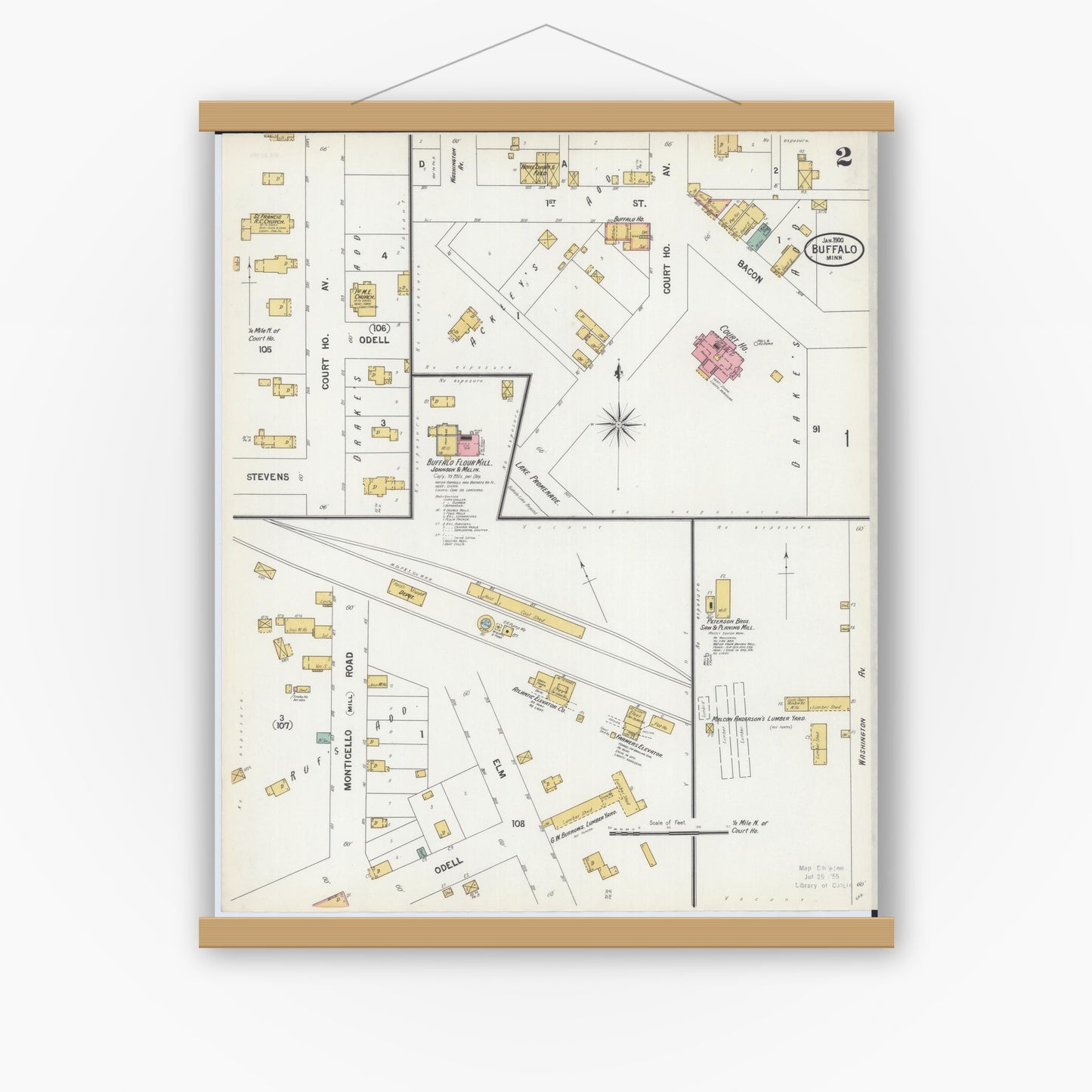Old map wall art mockup — magnetic wood frame on white wall — Sanborn Fire Insurance Map from Buffalo, Wright County, Minnesota (1900), Sheet #0002