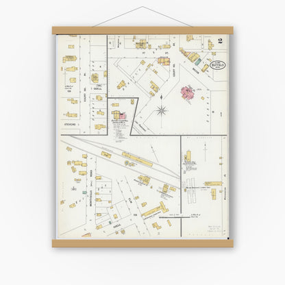 Old map wall art mockup — magnetic wood frame on white wall — Sanborn Fire Insurance Map from Buffalo, Wright County, Minnesota (1900), Sheet #0002