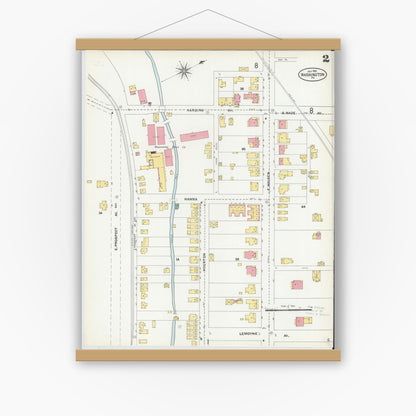 Old map wall art mockup — magnetic wood frame on white wall — Sanborn Fire Insurance Map from Washington, Washington County, Pennsylvania (1904), Sheet #0002