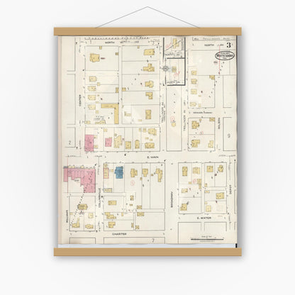 Old map wall art mockup — magnetic wood frame on white wall — Sanborn Fire Insurance Map from Whitesboro, Grayson County, Texas (1943), Sheet #0003