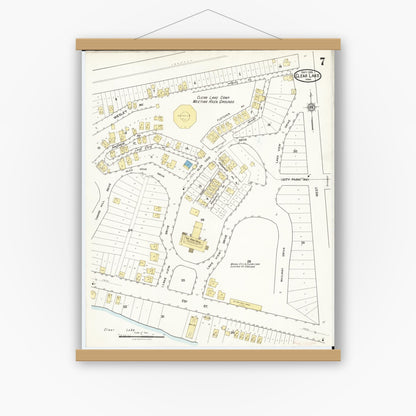 Old map wall art mockup — magnetic wood frame on white wall — Sanborn Fire Insurance Map from Clear Lake, Cerro Gordo County, Iowa (1916), Sheet #0007