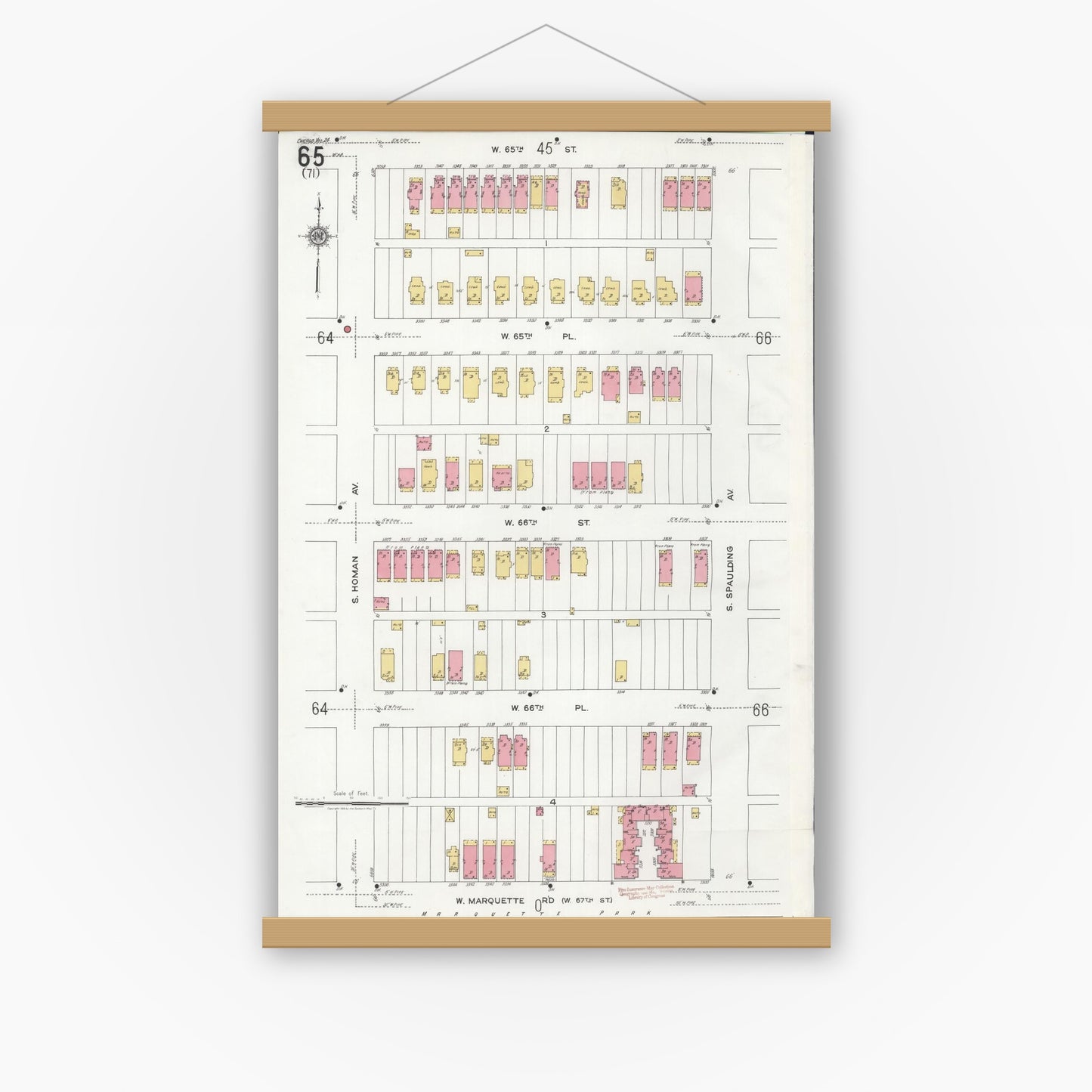 Old map wall art mockup — magnetic wood frame on white wall — Sanborn Fire Insurance Map from Chicago, Cook County, Illinois (1920), Sheet #0065