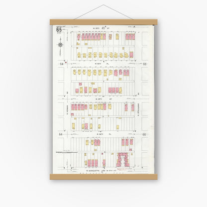 Old map wall art mockup — magnetic wood frame on white wall — Sanborn Fire Insurance Map from Chicago, Cook County, Illinois (1920), Sheet #0065