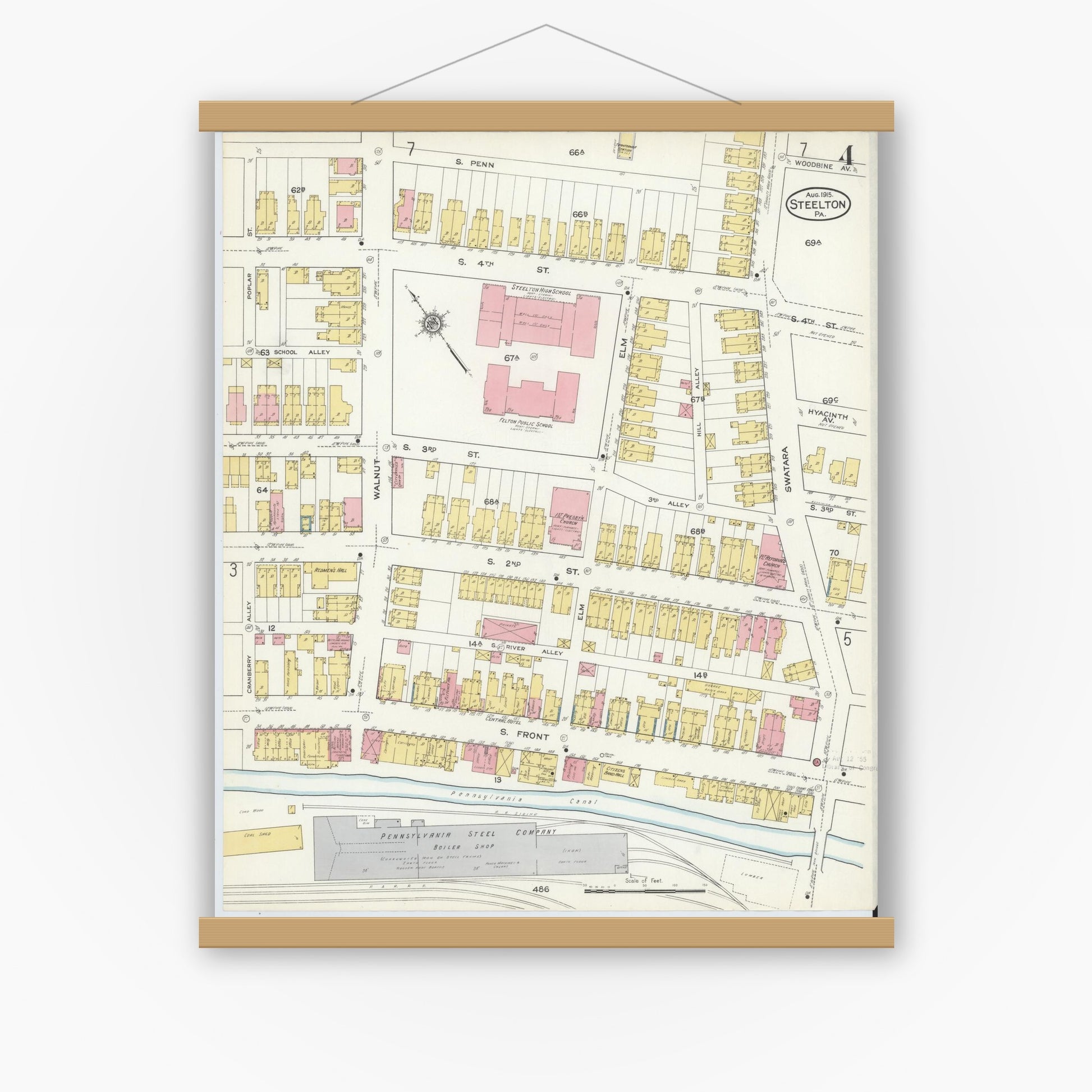 Old map wall art mockup — magnetic wood frame on white wall — Sanborn Fire Insurance Map from Steelton, Dauphin County, Pennsylvania (1915), Sheet #0004