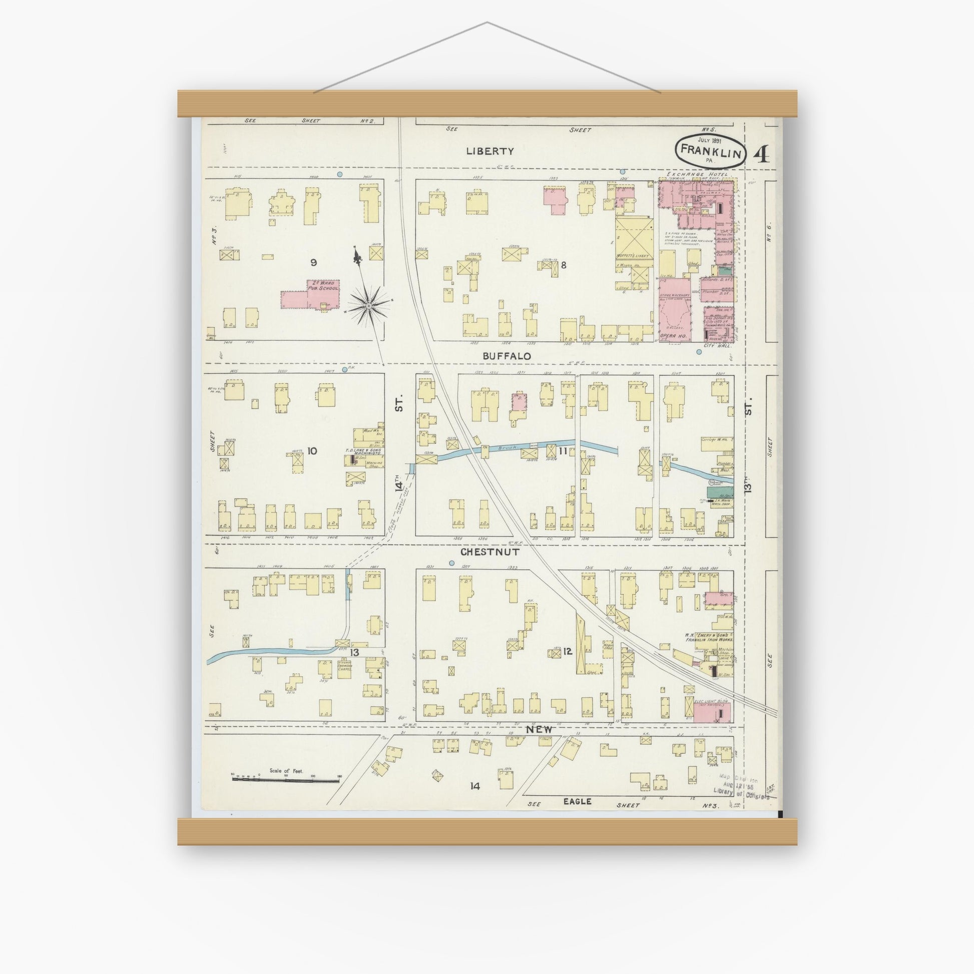 Old map wall art mockup — magnetic wood frame on white wall — Sanborn Fire Insurance Map from Franklin, Venango County, Pennsylvania (1891), Sheet #0004