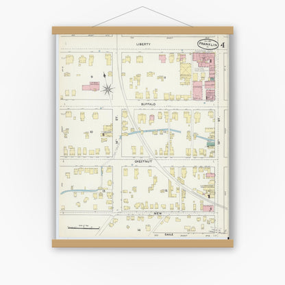 Old map wall art mockup — magnetic wood frame on white wall — Sanborn Fire Insurance Map from Franklin, Venango County, Pennsylvania (1891), Sheet #0004