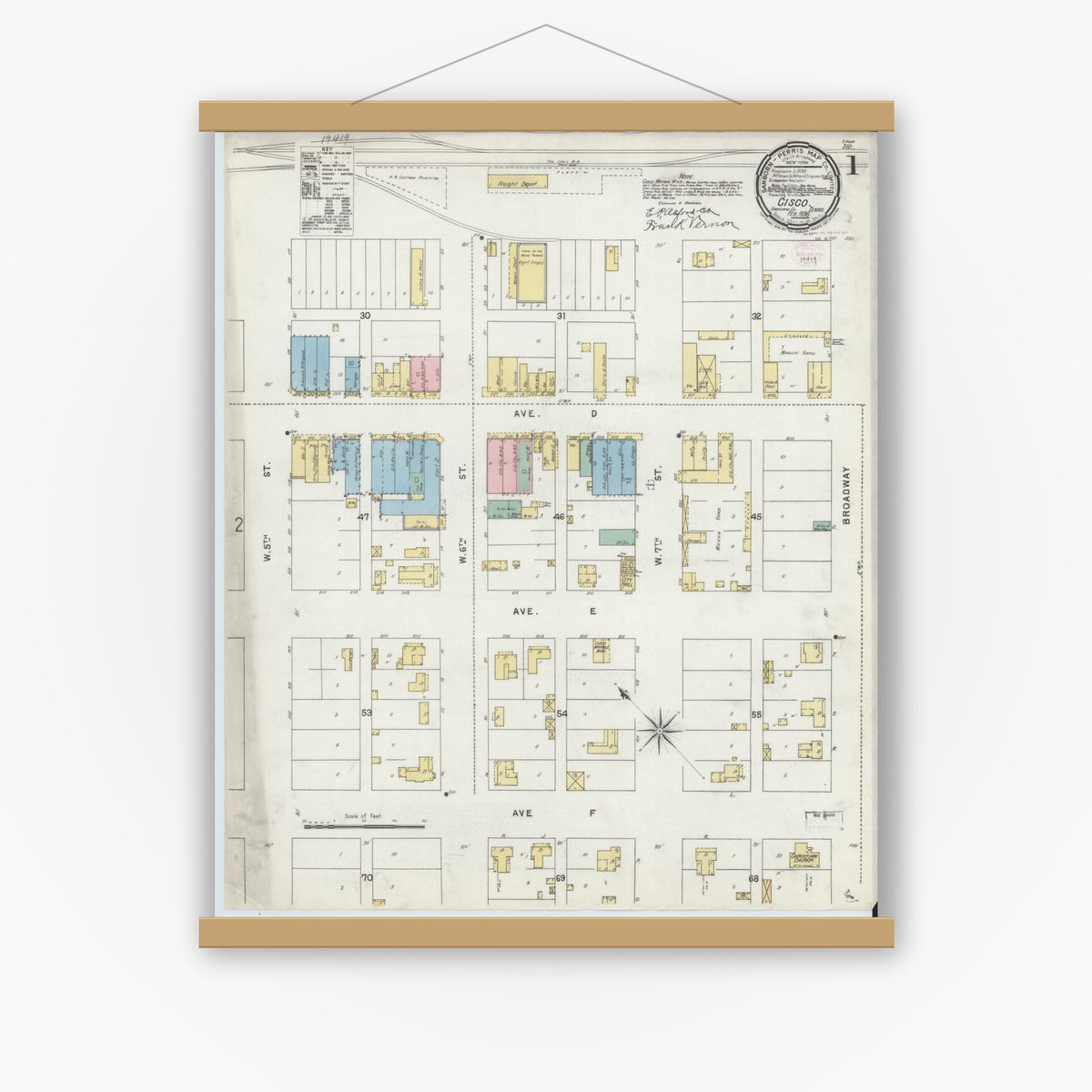 Old map wall art mockup — magnetic wood frame on white wall — Sanborn Fire Insurance Map from Cisco, Eastland County, Texas (1896) - Complete Map Set
