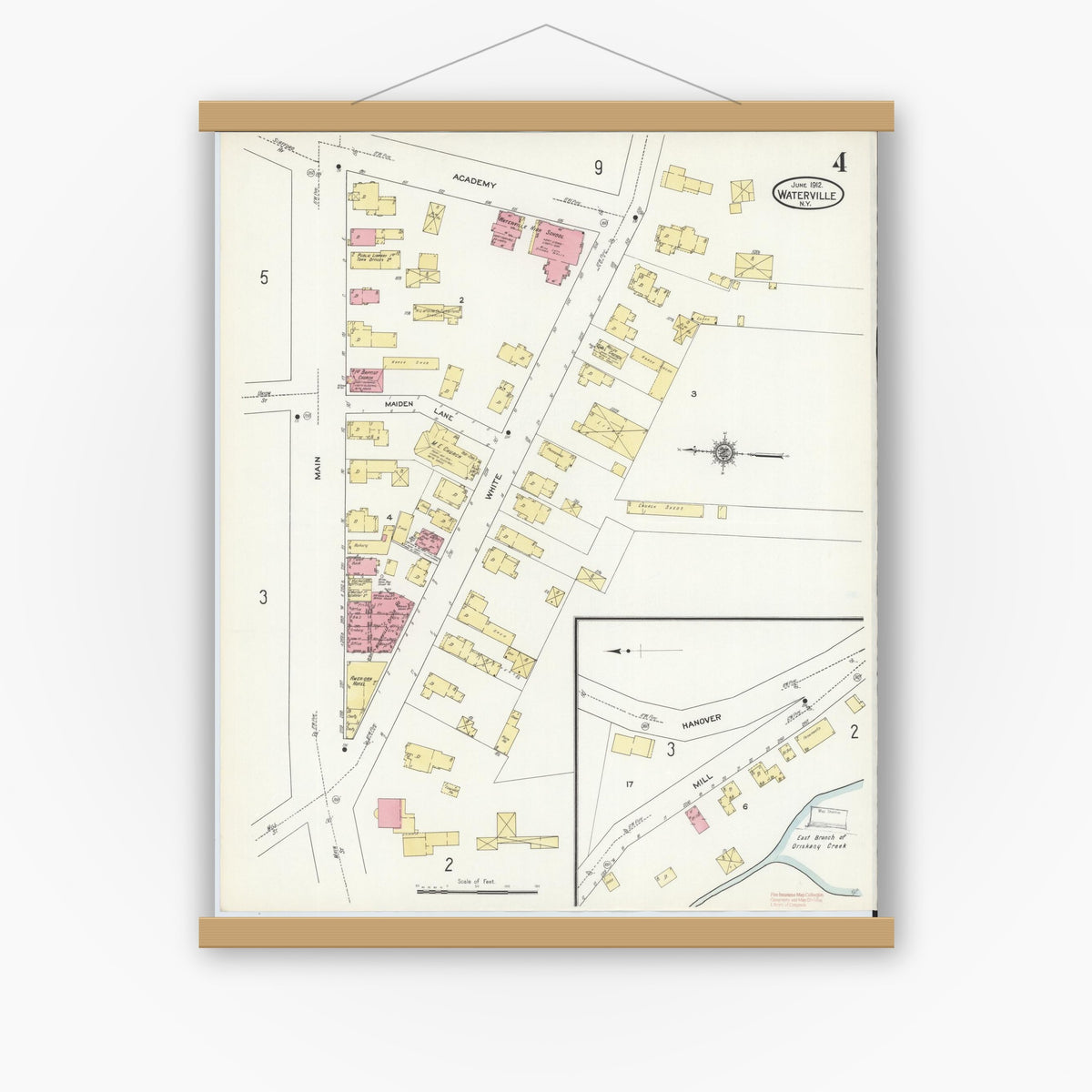 Old map wall art mockup — magnetic wood frame on white wall — Sanborn Fire Insurance Map from Waterville, Oneida County, New York (1912), Sheet #0004