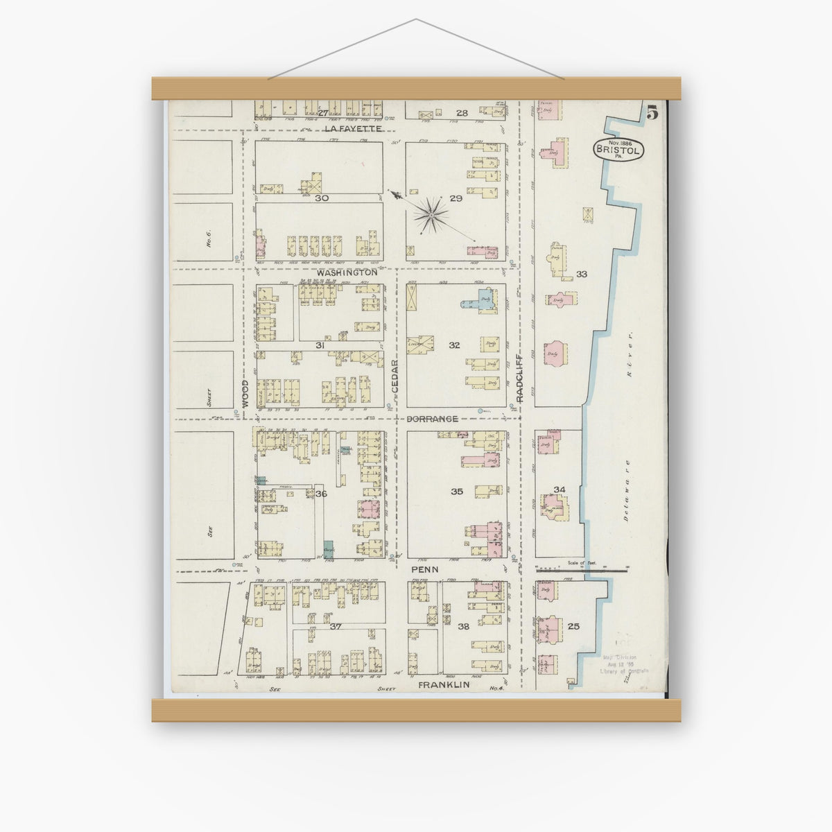 Old map wall art mockup — magnetic wood frame on white wall — Sanborn Fire Insurance Map from Bristol, Bucks County, Pennsylvania (1886), Sheet #0005