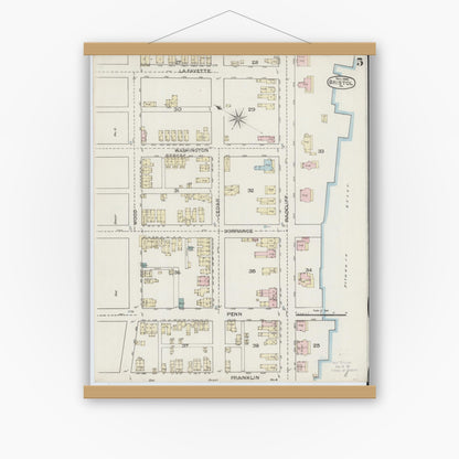 Old map wall art mockup — magnetic wood frame on white wall — Sanborn Fire Insurance Map from Bristol, Bucks County, Pennsylvania (1886), Sheet #0005