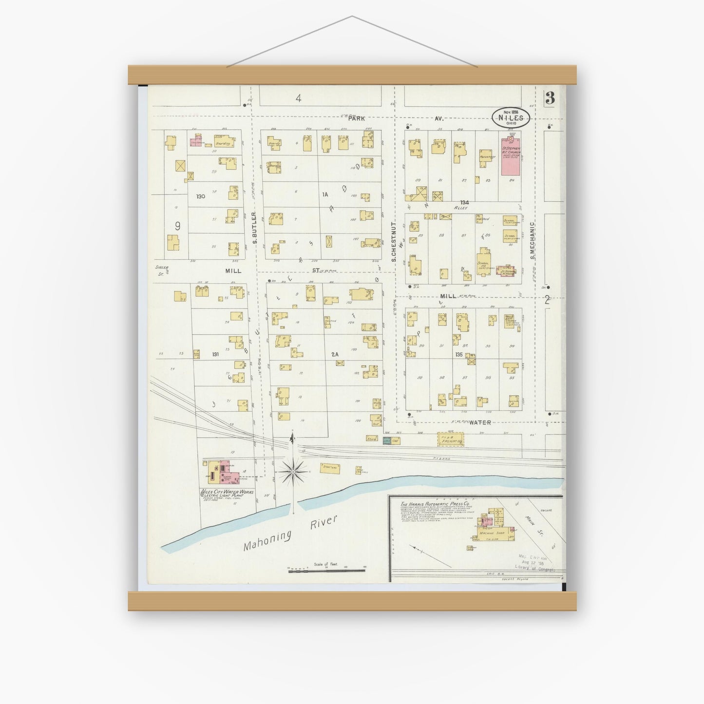 Old map wall art mockup — magnetic wood frame on white wall — Sanborn Fire Insurance Map from Niles, Trumbull County, Ohio (1898), Sheet #0003