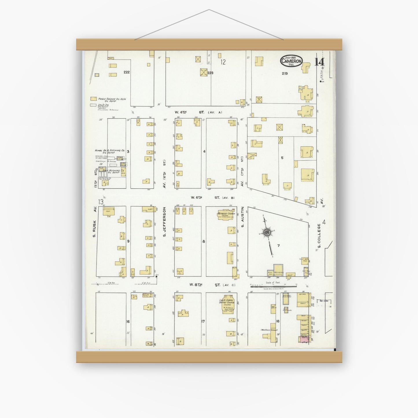 Old map wall art mockup — magnetic wood frame on white wall — Sanborn Fire Insurance Map from Cameron, Milam County, Texas (1920), Sheet #0014