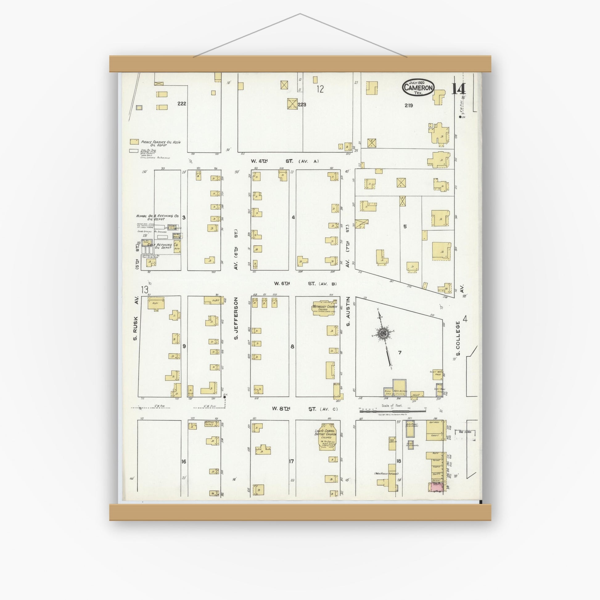 Old map wall art mockup — magnetic wood frame on white wall — Sanborn Fire Insurance Map from Cameron, Milam County, Texas (1920), Sheet #0014