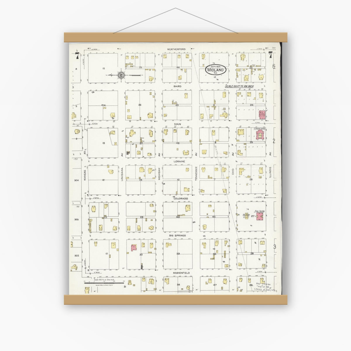 Old map wall art mockup — magnetic wood frame on white wall — Sanborn Fire Insurance Map from Midland, Midland County, Texas (1925), Sheet #0007